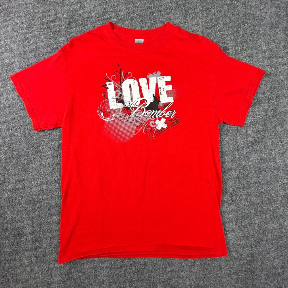Jesus Mens Love Bomber Graphic T-Shirt Red John 13:35 Scripture Size Medium